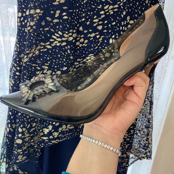 BCBGeneration Black and Sheer Heels with Crystal Gemstones Embellished Toe 9.5 - Picture 3 of 7